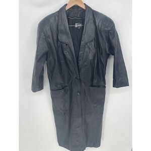 Vtg WOMENS COMINT LONG BLACK LEATHER COAT SIZE Medium